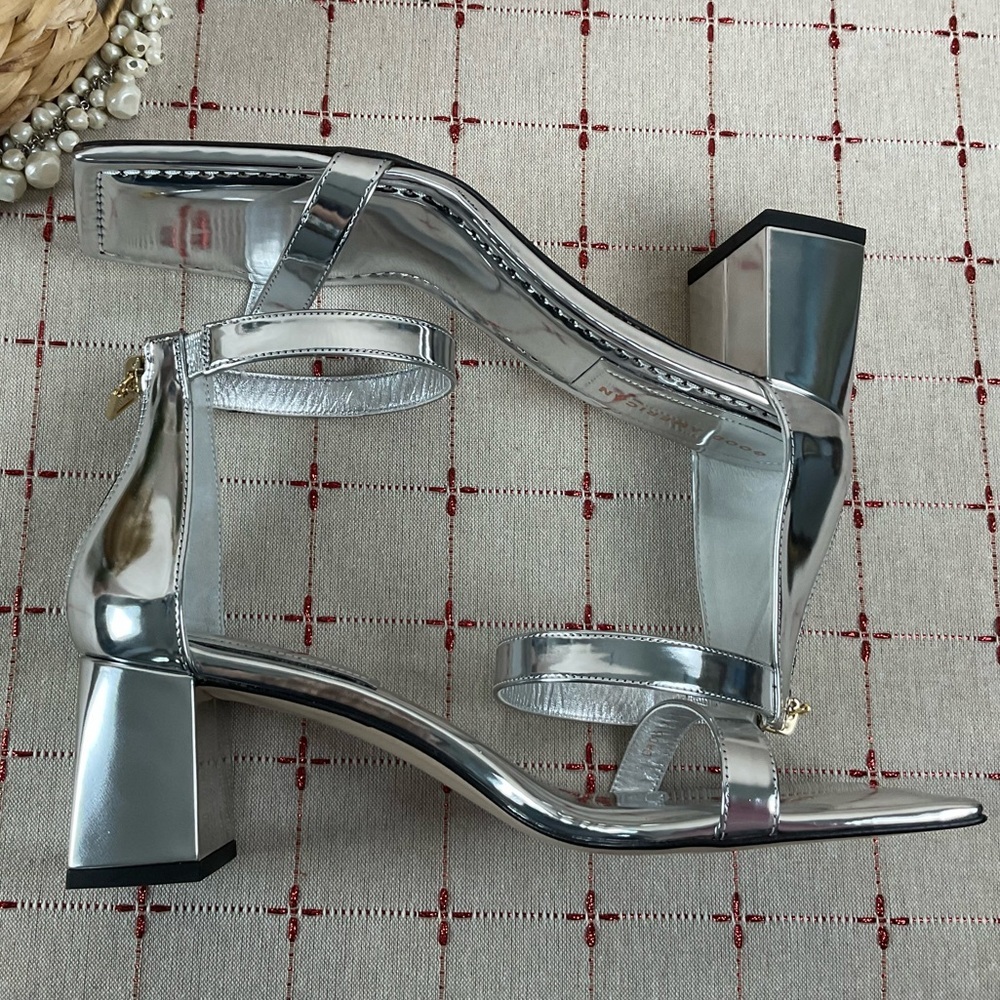 Good American Strappy Heeled Sandals Metallic Silver Ankle wrap Square Toe 9.5 - Picture 7 of 9